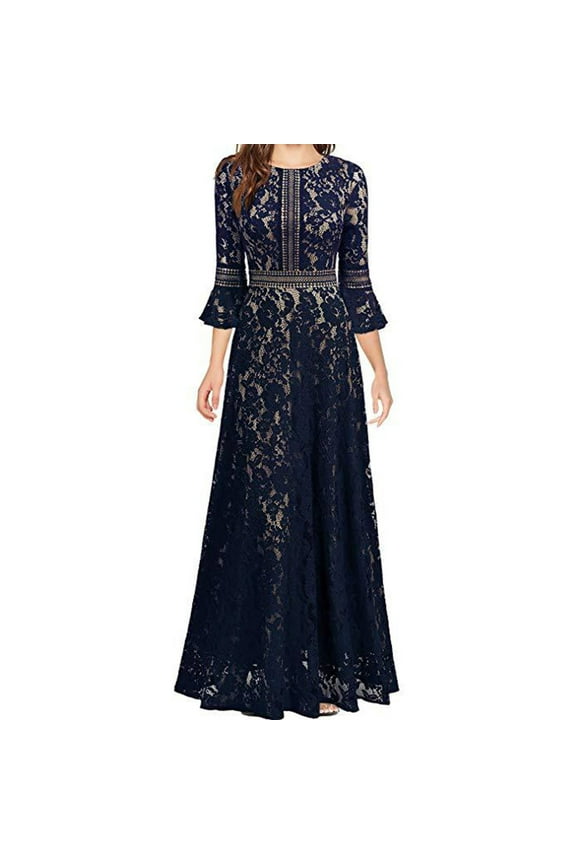 Women's V Neck Half Sleeves Lace Maxi Dress Evening Party Elegant Dresses Long Formal Evening Gown for Wedding Guest