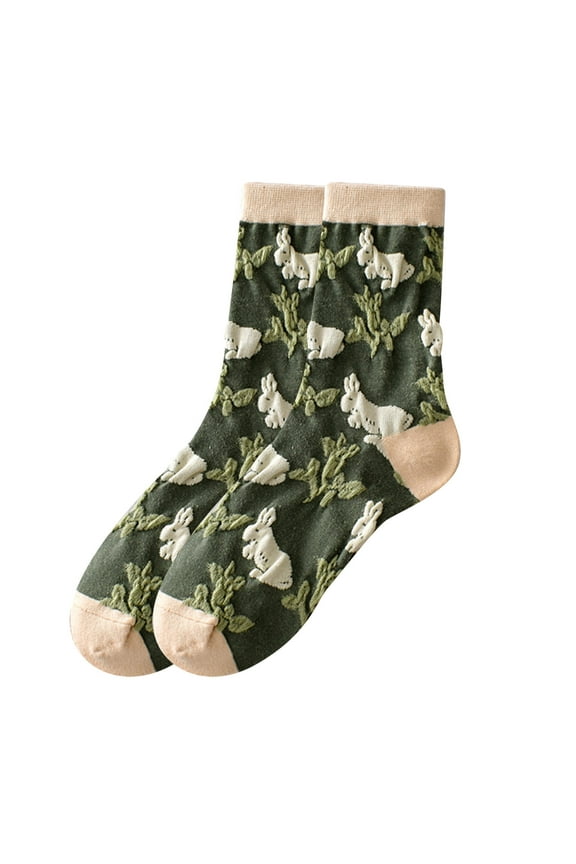 Women's Vintage Cotton Socks, Three-dimensional Green Socks, Easter Socks, Harajuku Style Socks