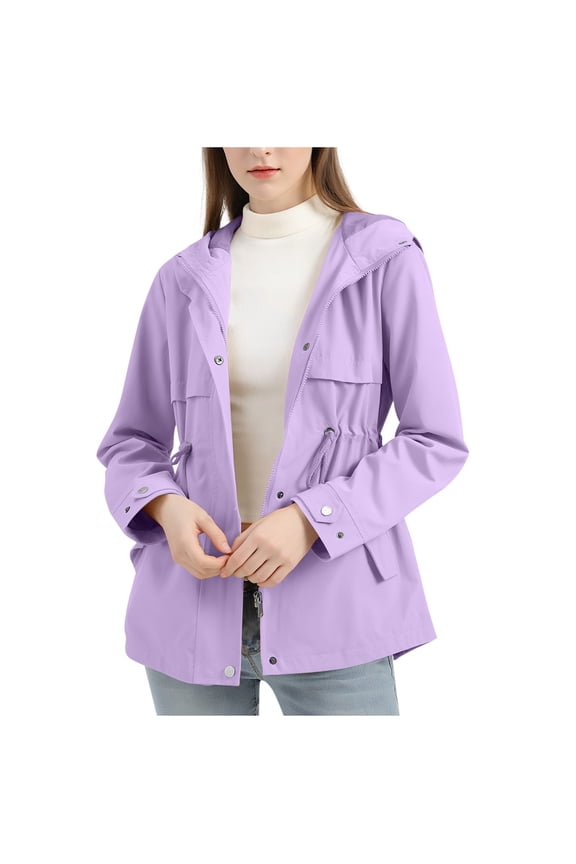 Women's Windbreaker Plus Size Solid Color Button Zipper Jackets Adjustable Drawstring Waist Hooded Coat with Pockets