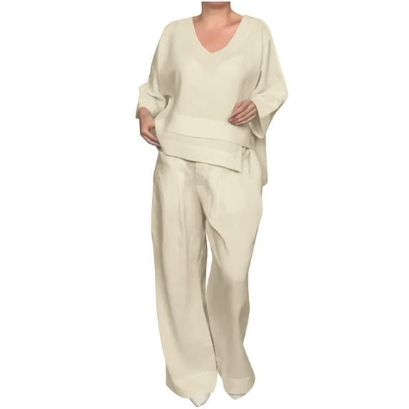 Wdfiry Womens 2 Piece Outfits Solid Color V Neck Pullover Lounge Tops and Pants Set Plus Size Cotton and Linen Loose Casual Set
