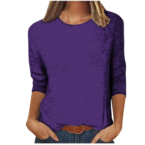 Wdfiry Womens Basic Tops Loose Fit 3/4 Length Sleeve Shirts Woman Fall Crew Neck Solid Color Blouses T-Shirts Trendy Plus Size Clothes