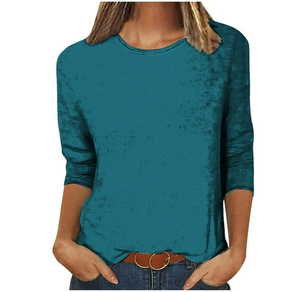 Wdfiry Womens Basic Tops Loose Fit 3/4 Length Sleeve Shirts Woman Fall Crew Neck Solid Color Blouses T-Shirts Trendy Plus Size Clothes