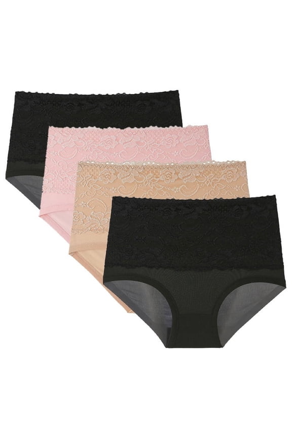 Womens Briefs Tummy Control Breathable Briefs High Waist Plus Size Butt Lifter Lace Panties, 4 Pack, M-5XL