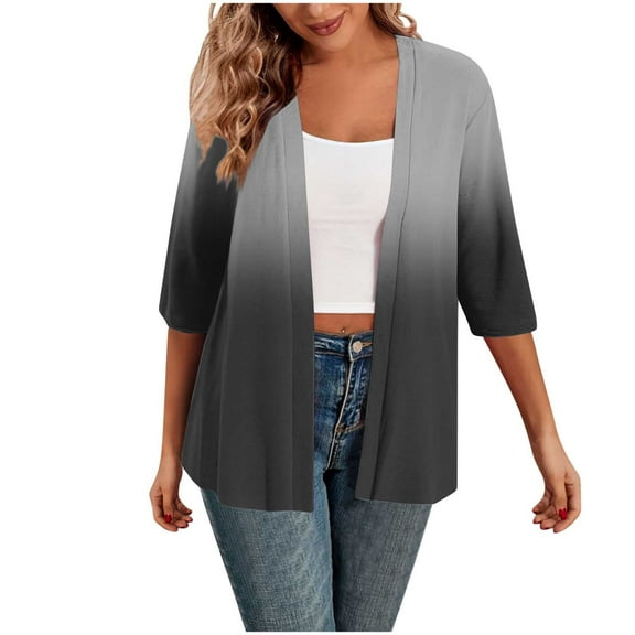 Wdfiry Womens Cardigan 3/4 Sleeve Trendy Casual Gradient Color Open Front Outerwear Medium Length Sleeve Loose Lightweight Cardigan