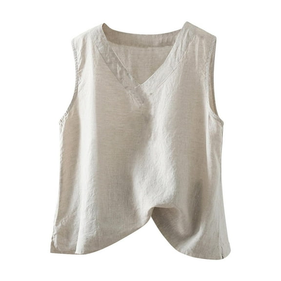 Ohufall Womens Cotton Linen Tank Tops Fashion Casual Side Split Sleeveless V-neck Blouses Summer Solid Color Loose-fitting Undershirts for Women