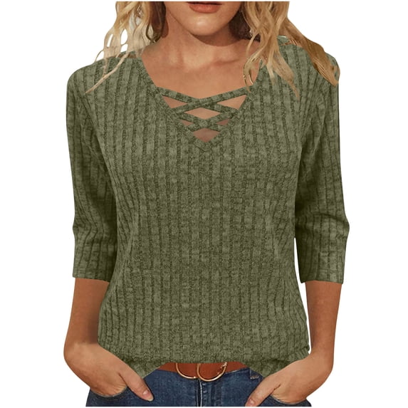 Wdfiry Womens Fall Tops Solid Color Crewneck 3/4 Sleeve Soft Tops Lightweight Ribbed Casual Comfortable Tshirts