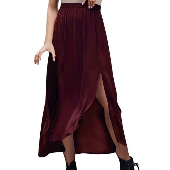 Wdfiry Womens Flowy Long Skirts Summer Casual Solid Color Midi Skirt Fashion High Waist Pleated Side Split Midi Skirt