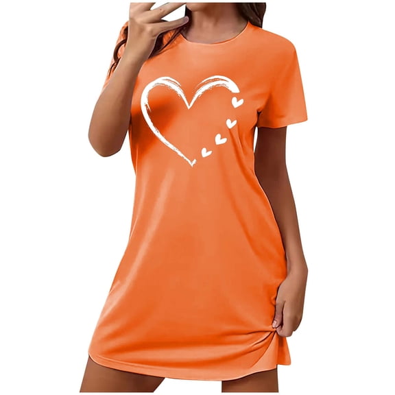 Ohufall Womens Nightgowns Fashion Casual Heart Printed Short Sleeve Nightshirt Loose Comfy Crew Neck Sleep Shirt