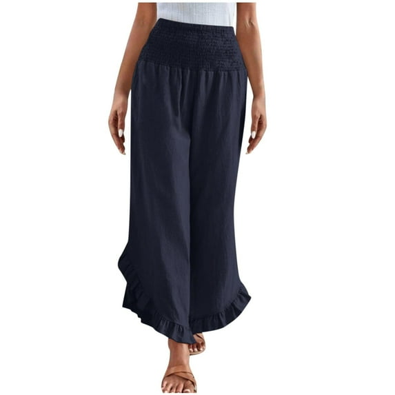 Wdfiry Womens Pants Wide Leg Ruffle Loose Pants Elastic High Waist Long Pants
