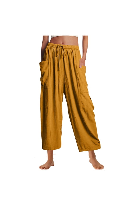 Womens Pleated Flowy Wide Leg Pants Cotton Linen Drawstring Elastic Waist Casual Loose Harem Palazzo Trousers with Pockets