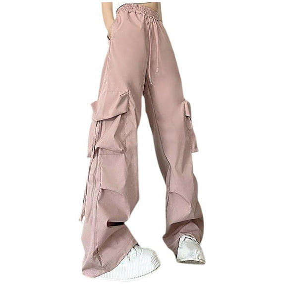Wdfiry Womens Plus Size Cargo Pants Drawstring High Waist Cargo Pants with Pockets Solid Color Loose Wide Leg Long Y2K Pants