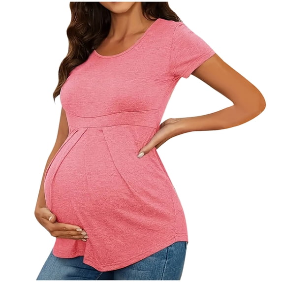 Ohufall Womens Short Sleeve Maternity Shirts Fashion Casual Pleated Nursing Tee Tops Summer Solid Color Round Neck Breastfeeding Blouses for Pregnant Women