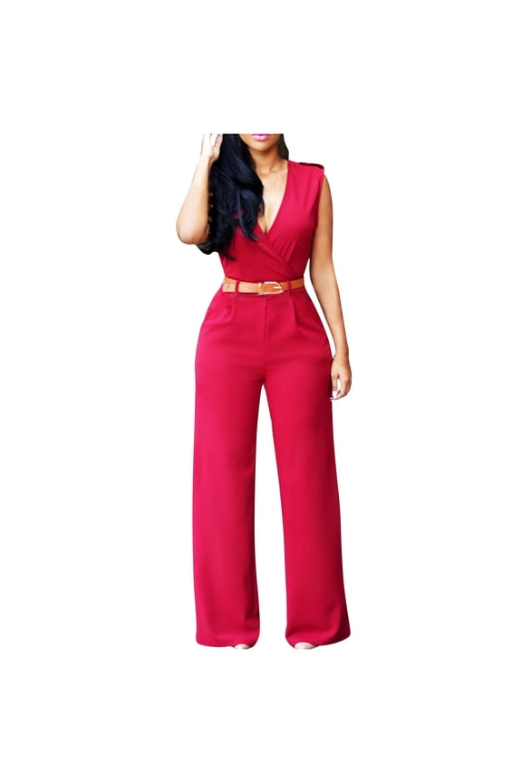 Womens Sleeveless V Neck Tops Jumpsuits Solid Elegant Formal Pockets Wide Leg Pants Rompers for Casual Work