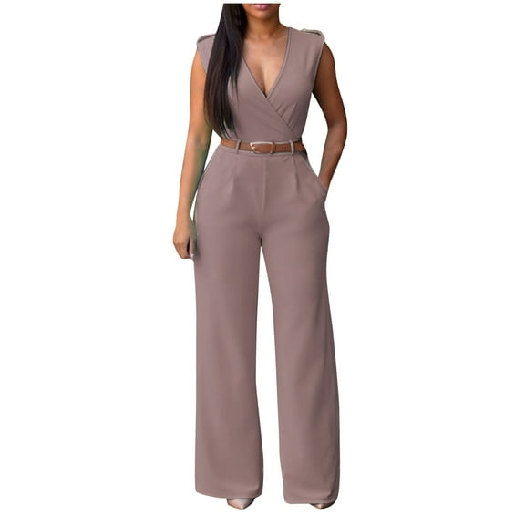 Wdfiry Womens Sleeveless V Neck Tops Jumpsuits Solid Elegant Formal Pockets Wide Leg Pants Rompers for Casual Work