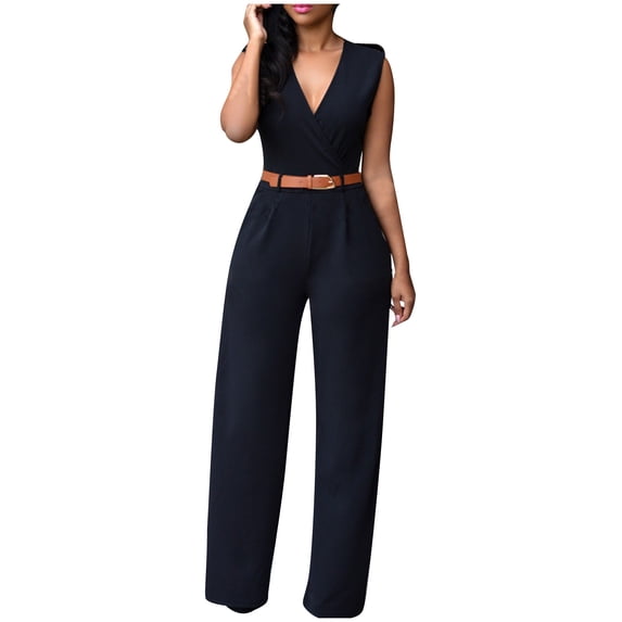 Wdfiry Womens Sleeveless V Neck Tops Jumpsuits Solid Elegant Formal Pockets Wide Leg Pants Rompers for Casual Work