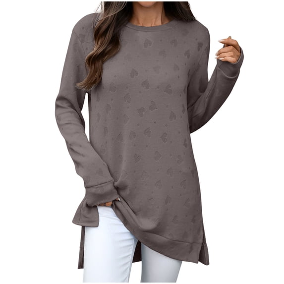 Wdfiry Womens Solid Color Long Sleeve Tops Round Neck Fashion Side Slits Tops Casual Printed Pullover Shirts