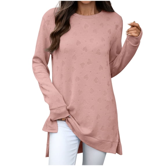 Wdfiry Womens Solid Color Long Sleeve Tops Round Neck Fashion Side Slits Tops Casual Printed Pullover Shirts