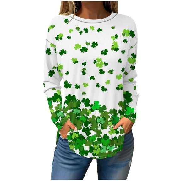 Wdfiry Womens St Patricks Day Shirts Long Sleeve Shamrock Clover Green Crew Neck Tee Shirts Lucky Tops Plus Size Graphic Casual Tunic Tops