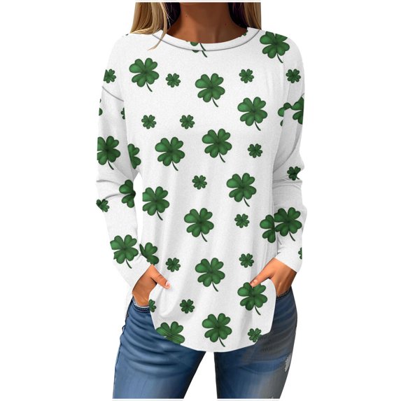 Wdfiry Womens St Patricks Day Shirts Long Sleeve Shamrock Clover Green Crew Neck Tee Shirts Lucky Tops Plus Size Graphic Casual Tunic Tops