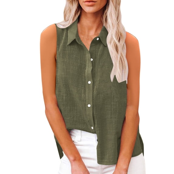 Wdfiry Womens Tank Tops Plus Size Button Down Sleeveless T-Shirts Solid Turn Down Collar Cotton and Linen Vest, Size S-5XL