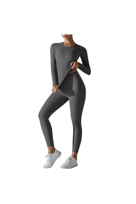 Workout Sets for Women 2 Piece Athletic Long Sleeve Yoga Outfits Seamless Ribbed Crop Top High Waist Legging