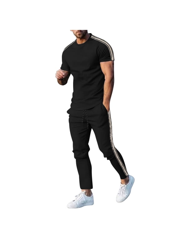 Wdfiry Workout Sport Sets for Men 2 Piece Outfits 2025 Summer Tracksuit Sets Fashion Casual Crew Neck Tee Tops with Loose Drawstring Elastic Waist Athletic Pants
