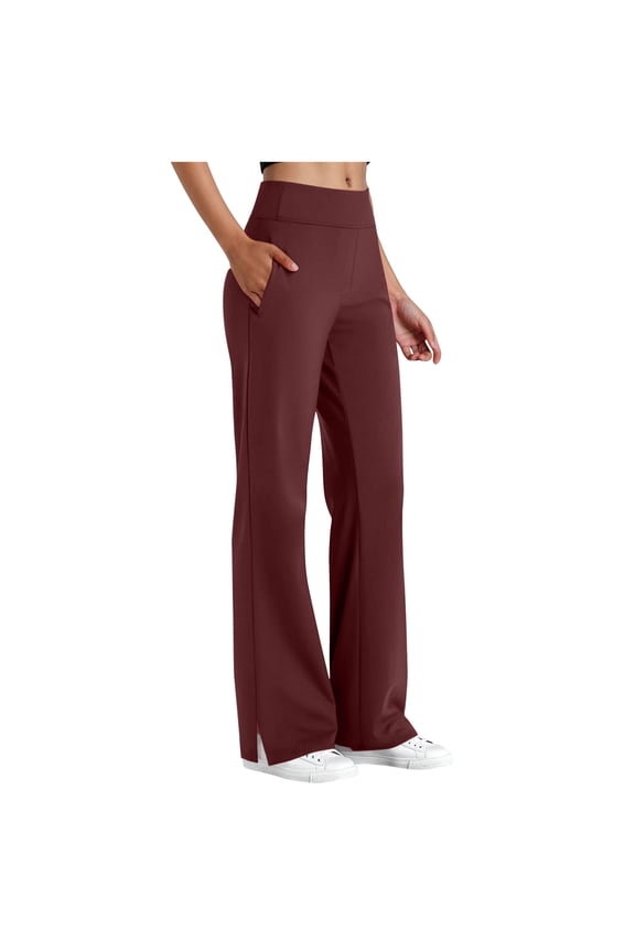 Yoga Pants for Women Solid Color Bootcut Gym Trousers Full Length Side Slit Pants Pull On Lightweight Comfy Butt Lift Flared Pants with Pockets