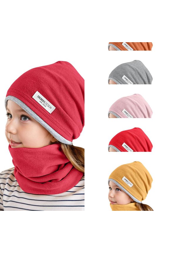 2 Pack Kids Cotton Slouchy Beanie & Neck Gaiter Set, Solid Color Reversible Fall Winter Hat Neck Warmer Combo, Soft Breathable Toddler Hat Scarf Kit for Boys Girls 2-12 Years
