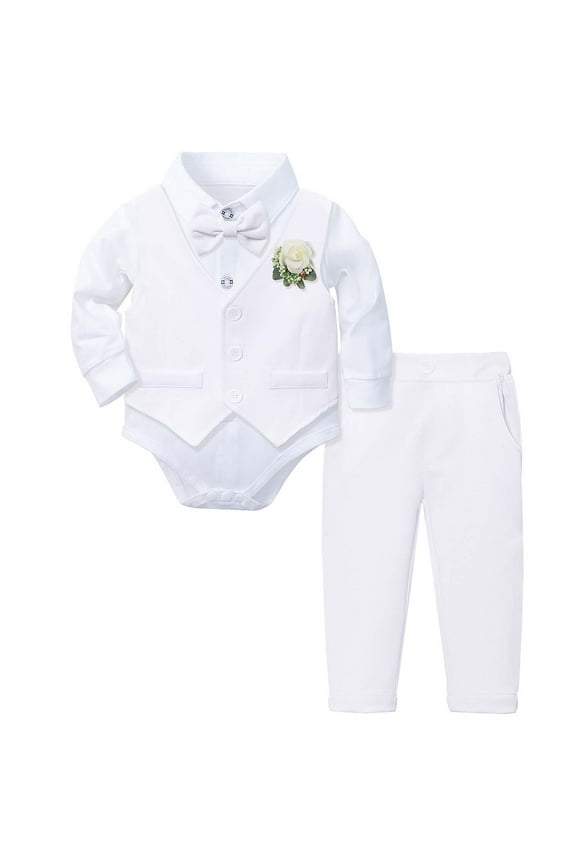 Baby Boy Formal Suits Gentleman Tuxedo Outfit Set with Dress Shirt Vest and Pants for White 2-3 Years