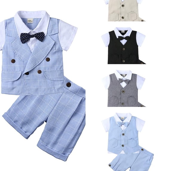 Wdgfv Baby Boys Summer Suits Short Sleeve Wedding Ring Bearer Outfits 3Pcs Graduation Dress Vest Shirt Bowtie Shorts Set 12-24 Months