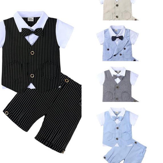 Wdgfv Baby Boys Summer Suits Short Sleeve Wedding Ring Bearer Outfits 3Pcs Graduation Dress Vest Shirt Bowtie Shorts Set 2-3 Years