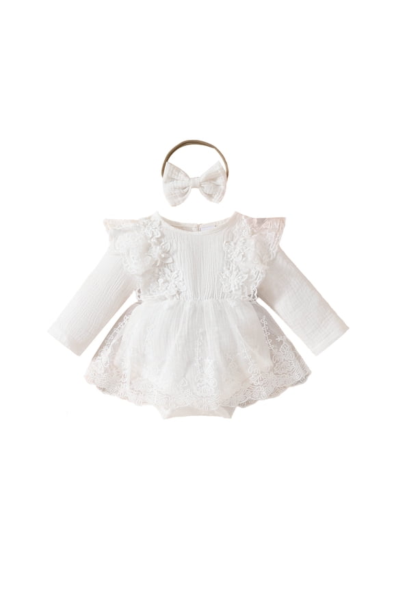 Baby Girl Boho Romper Dress Linen Jumpsuit Lace Ruffle Photoshoot Outfit Summer Wedding Christening Clothes White 9-12 Months