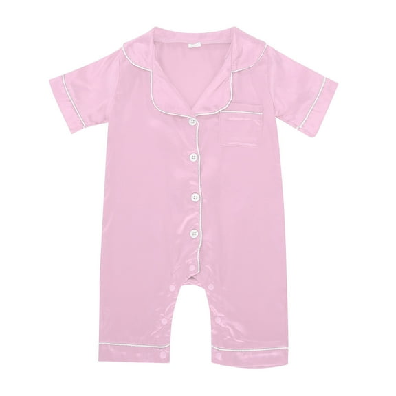 Wdgfv Baby Girls Silk Romper Jumpsuit Satin Pajamas Short Sleeve Button Down Soft Comfortable Outfit Pink 3-6 Months