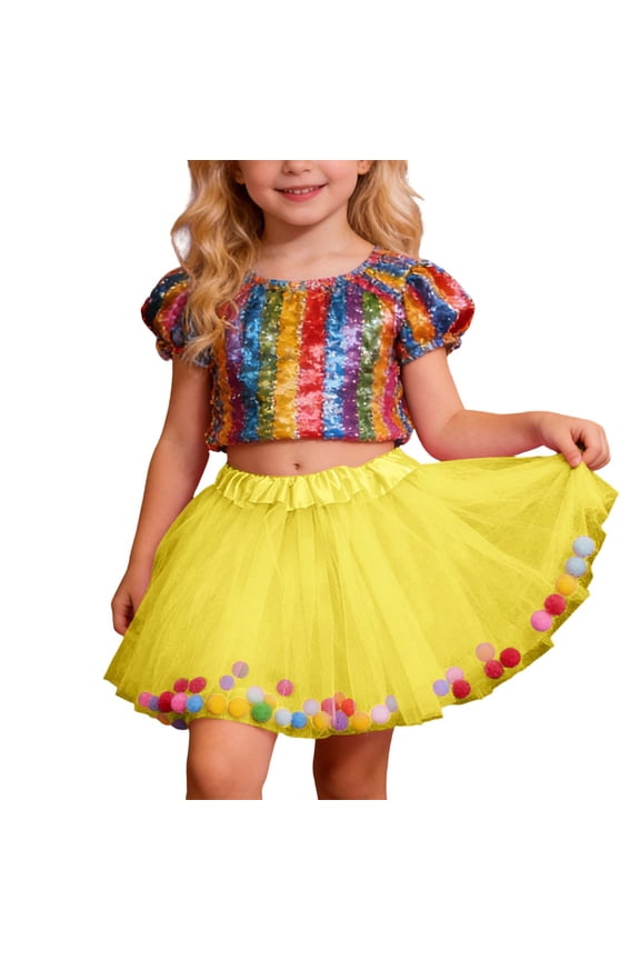 Baby Girls Tutu Dress Multi-Layer Tulle with Pompom Balls Dress for Toddler Girls Yellow 3-10 Years