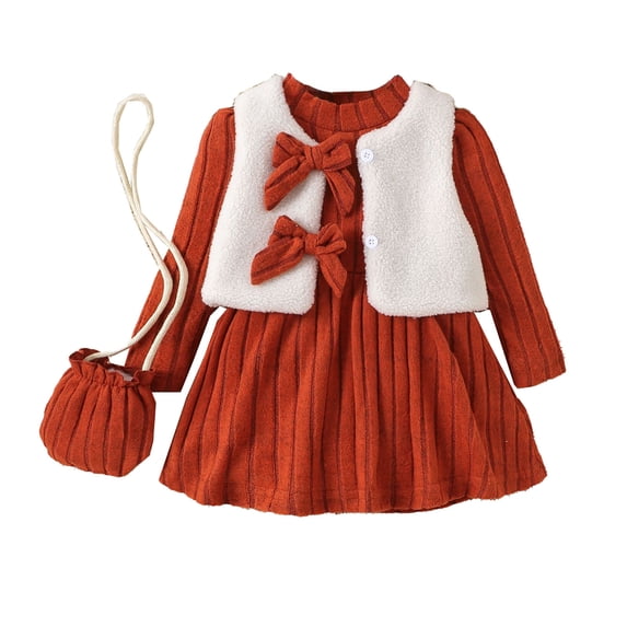 Wdgfv Baby Toddler Girl Dress Long Sleeve Ruffle Dress Fall Winter Casual Knit Sweater Dresses Cute Kids Clothes Orange 18-24 months