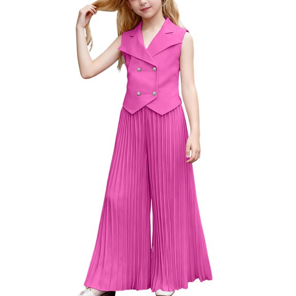 Wdgfv Blazer Pants Suits for Girls Dressy Sleeveless Double- with Wide Leg Pants 2 Piece Outfits Hot Pink 5-6 Years