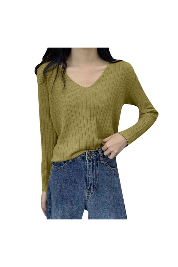 Blend Pullover Women Elegant Women's V-Neck Ribbed Pullover Sweater Soft Knit Long Sleeve Tunic Top For Autumn Winter Seasons
