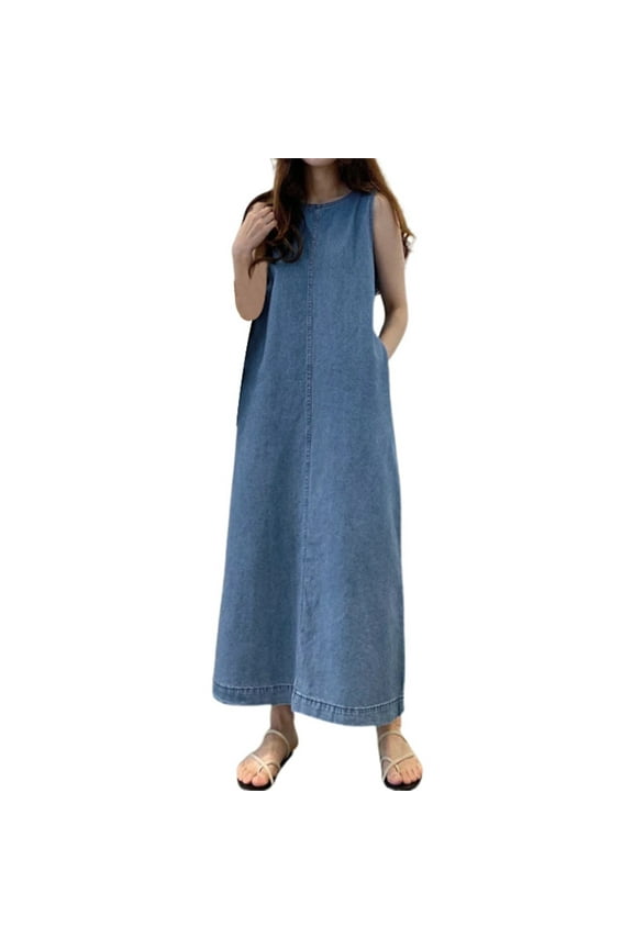 Bohemian Denim Maxi Dress for Women Round Neck Loose Fit Long Sleeveless Pocket Casual Dress BU1 M