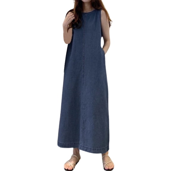 Wdgfv Bohemian Denim Maxi Dress for Women Round Neck Loose Fit Long Sleeveless Pocket Casual Dress BU2 XXXXL