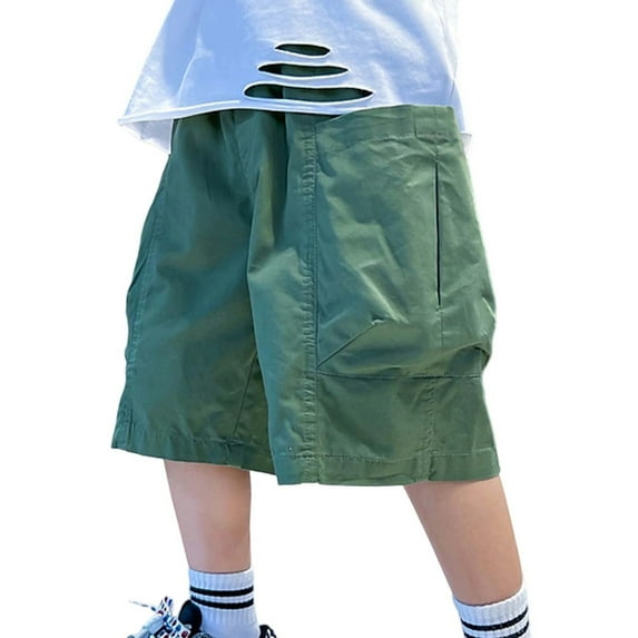 Wdgfv Boys Summer Cargo Shorts with Side Pockets Lightweight Athletic Drawstring Waist Casual Outdoor Play Shorts for Youth Green 5-6 Years