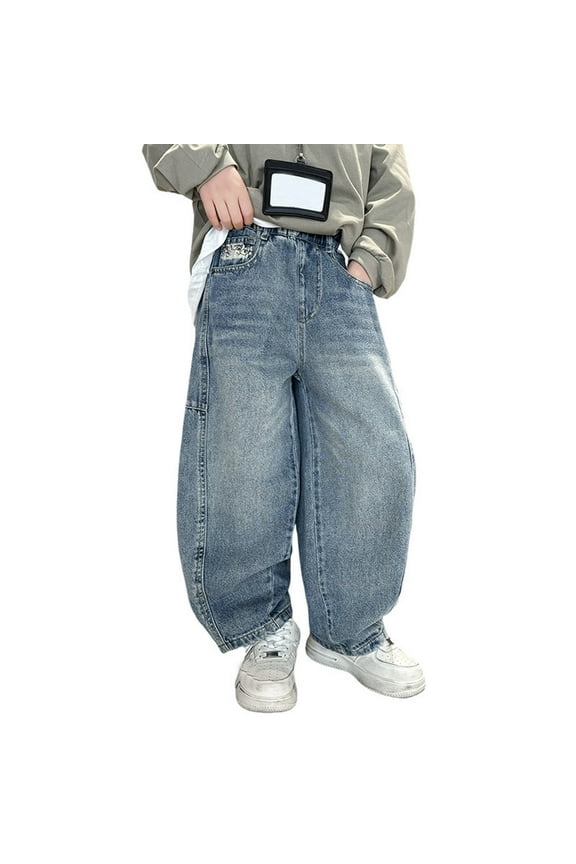 Boy's Skinny Fit Slim Jeans Pants Stylish Boys Pants Baggy Jeans Straight Leg Casual Denim with Pockets Elastic Waist Distressed Ripped Kids Wear for Every Occasion Blue 5-6 Years