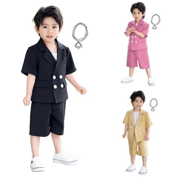 Wdgfv Boys 3 Piece Summer Korean Suit Set, Double Breasted Short Sleeve Blazer, Knee Length Bermuda Shorts & Decorative Chain Necklace, Trendy Kids Outfit 12-18 Months
