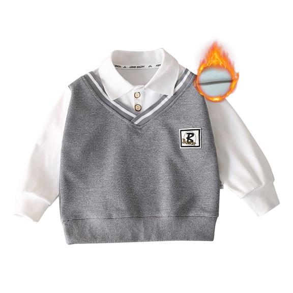 Wdgfv Boys Athletic Sweatshirt for Gym Boys Lined V Neck Pullover Sweater Long Sleeve Warm School Outfit Clothes for Fall and Winter Grey 2-3 Years
