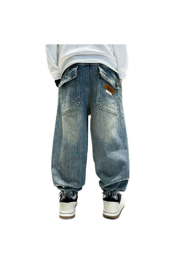 Boys Bootcut Jeans Boys' Baggy Jeans Straight Leg Distressed Ripped Denim Pants With Pockets Elastic Waist Casual Comfortable Durable Stylish Loose Fit Blue 4-5 Years
