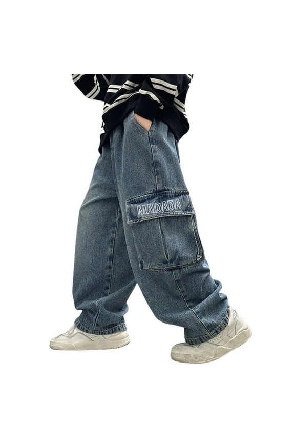 Boys Bootcut Jeans Boys Cargo Pants Elastic Waist Straight Leg Trousers for Kids Comfortable Durable Playwear Age 4 to 12 Years Blue 8-9 Years