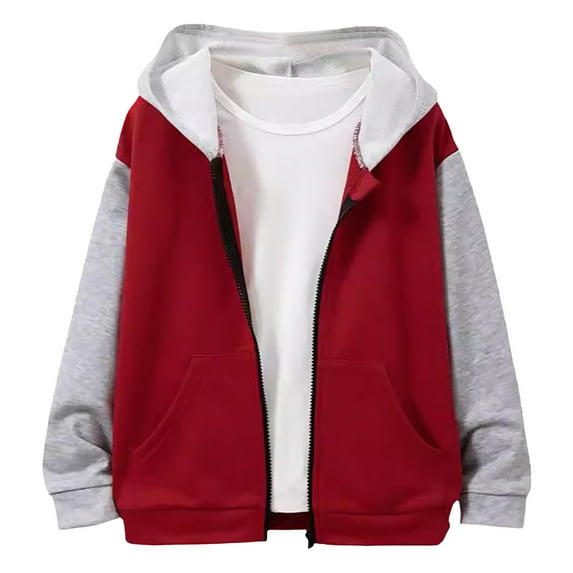 Wdgfv Boys Color Block Hooded Zipper Coat for Autumn Winter Long Sleeve Top Outerwear Red 11-12 Years