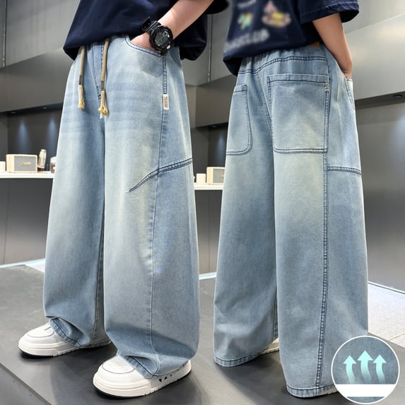 Wdgfv Boys Durable Cargo Denim Jeans For Outdoor Adventure Comfortable Straight Leg Trousers With Elastic Waist Casual Wear For Kids And Blue 6-7 Years