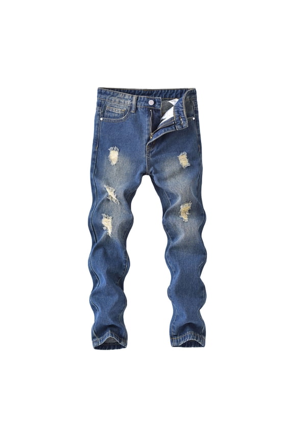 Boys Fashion Distressed Denim Pants Autumn Winter Streetwear Casual Tear Jeans With Knee Comfortable Blend Stretch Elastic Waist Blue 7-8 Years