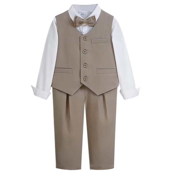 Wdgfv Boys Formal Suit Set 4 Piece Outfit with Vest Dress Shirt Pants and Bow Tie for Wedding Prom Performance Events Brown 2-3 Years
