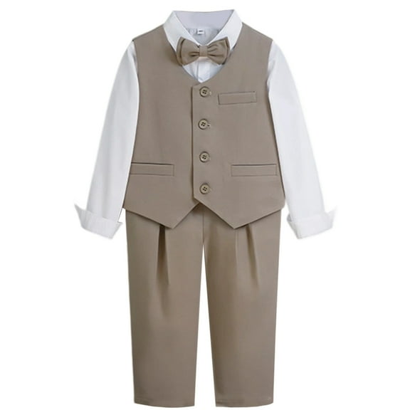 Wdgfv Boys Formal Suit Set 4 Piece Outfit with Vest Dress Shirt Pants and Bow Tie for Wedding Prom Performance Events Brown 4-5 Years